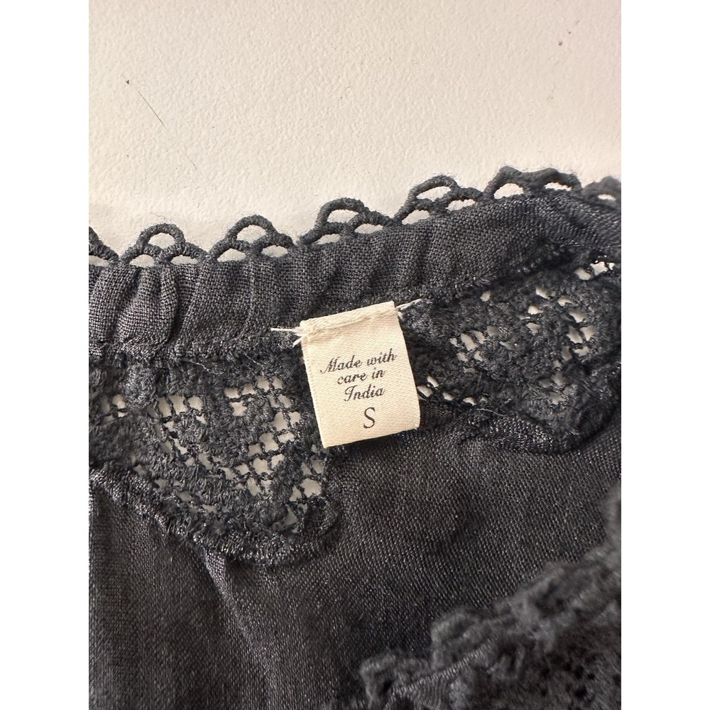 DÔEN Brigitta Lace Trim Top Womens Small Black Short Sleeve Ramie Coquette - Picture 6 of 13